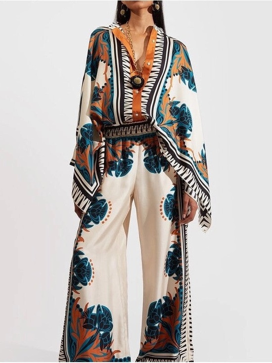Passion of Essence Pants - Boho Luxe Floral Two-Piece Set – Kimono Sleeve Top & Wide-Leg Pants L-XL